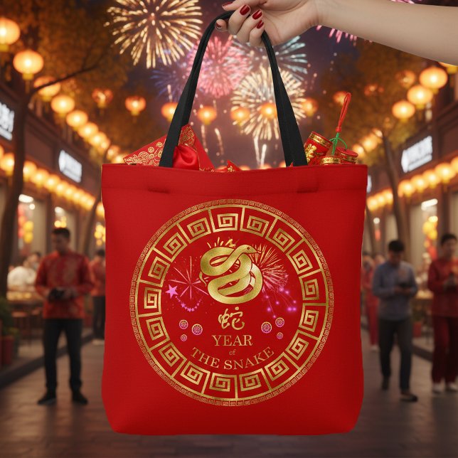 Tote Bag Serpent du Zodiaque Chinois Rouge/Or ID542 (Créateur téléchargé)