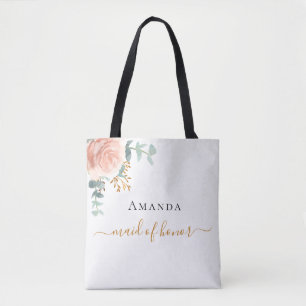 Tote Bag Servante d'honneur rose or fleurie eucalyptus vert