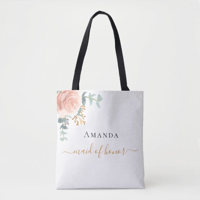 Tote Bag Servante d'honneur rose or fleurie eucalyptus vert (Devant)