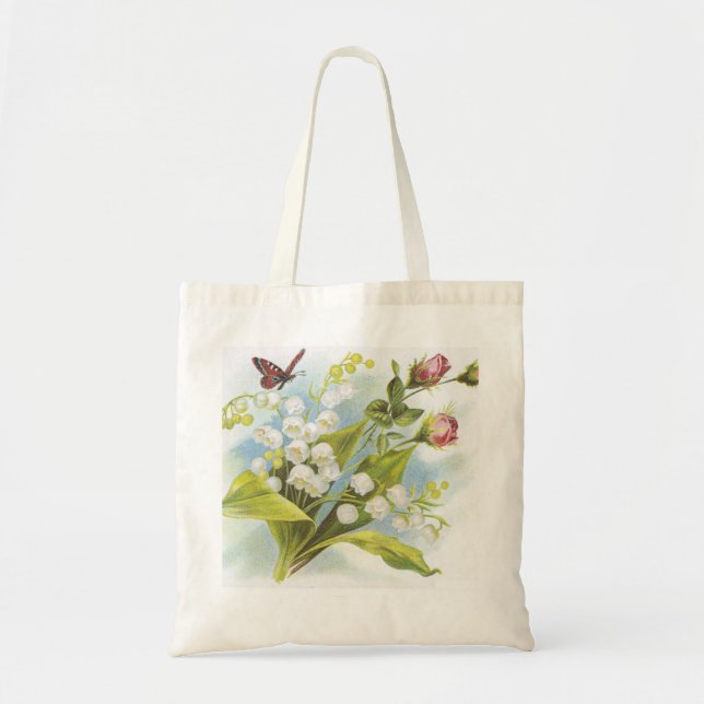 Tote Bag Shabby Chic Butterfly, Roses & Lily de la Vallée (Devant)