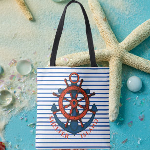 Tote Bag Shelter Island, NY Ship's Wheel and Ancre Striped