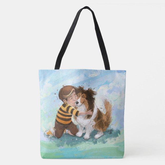 Tote Bag Sheltie et garçon câlinent (Devant)