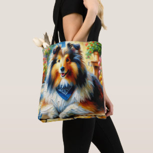 Tote Bag Shetland Sheepdog dans Cottage Garden Scène