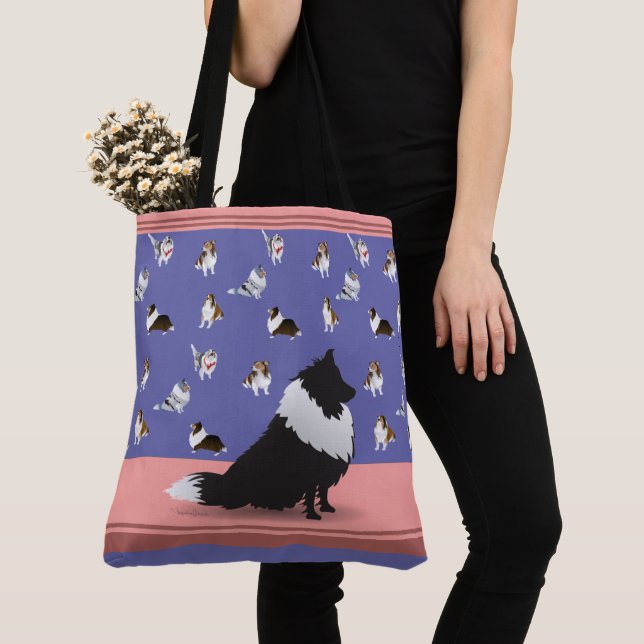 Tote Bag Shetland Sheepdog : Étagère noire sur violet (De près)