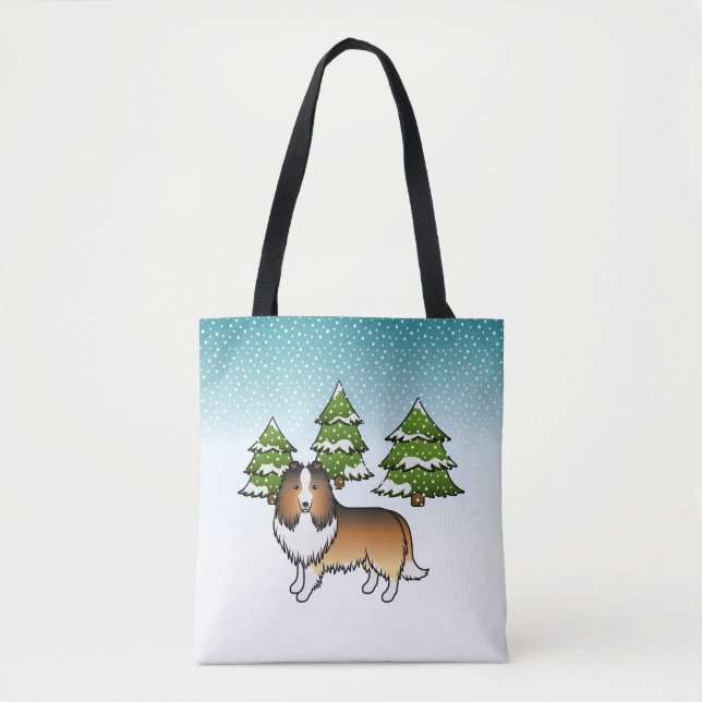 Tote Bag Shetland Sheepdog Sable Dans Une Forêt D'Hiver (Devant)