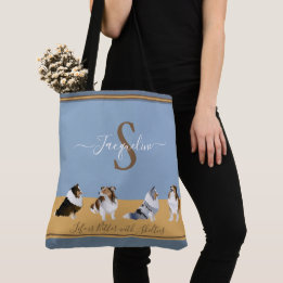 Tote Bag Shetland Sheepdogs, étagères en bleu et jaune
