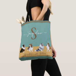 Tote Bag Shetland Sheepdogs, étagères sur vert et jaune