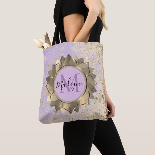 Tote Bag Shimmery Stars Gold Lotus Mandala Monogramme (De près)