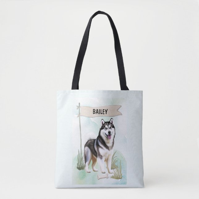 Tote Bag Siberian Husky Watercolor Personalized Dog (Devant)
