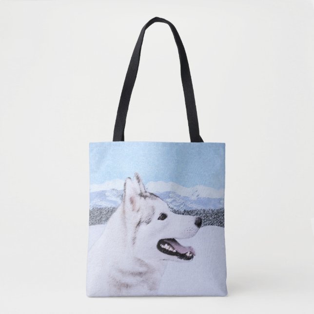 Tote Bag Sibérie Husky (argent et blanc) Peinture Chien Art (Devant)