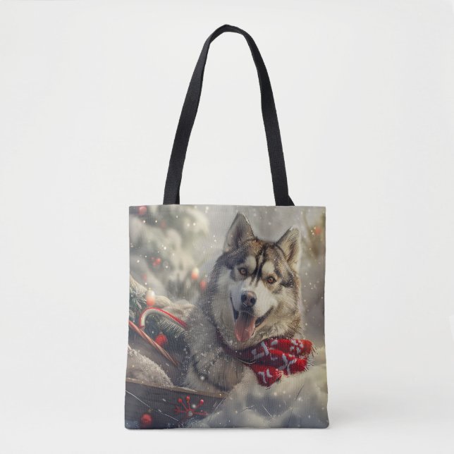 Tote Bag Sibérie Husky Chien Festif de Noël (Devant)