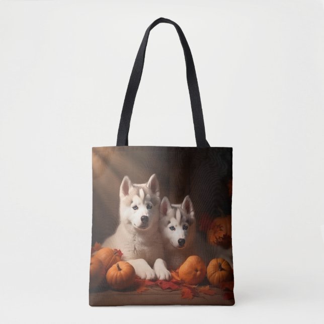 Tote Bag Sibérie Husky Puppy Citrouille d'automne (Devant)
