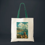 Tote Bag Sicile Italie Travel Art Vintage<br><div class="desc">Conception de déplacement vectoriel rétro en Sicile. La Sicile,  la plus grande île méditerranéenne,  se trouve juste à côté du "pied" de la "botte" italienne. Sa riche histoire se reflète dans des sites comme la Vallée des Temples.</div>