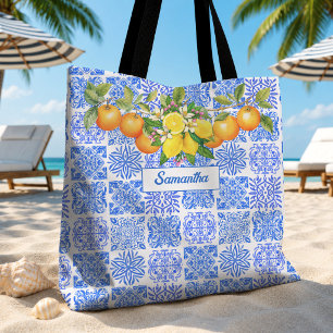 Tote Bag Sicilien bleu jaune citrus Méditerranée azulejo 
