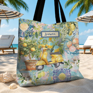 Tote Bag Sicilien Bleu Turquoise Chic Citrus Floral Collage