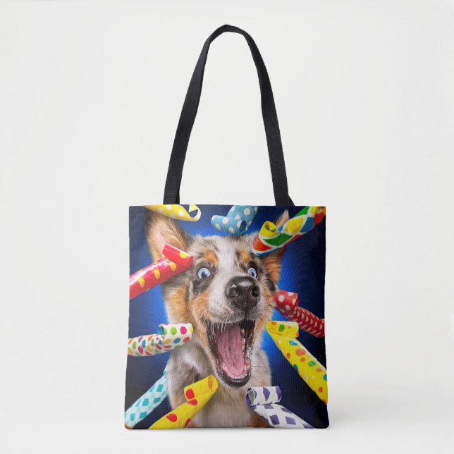 Tote Bag Sifflets de fête pour chien heureux (Devant)