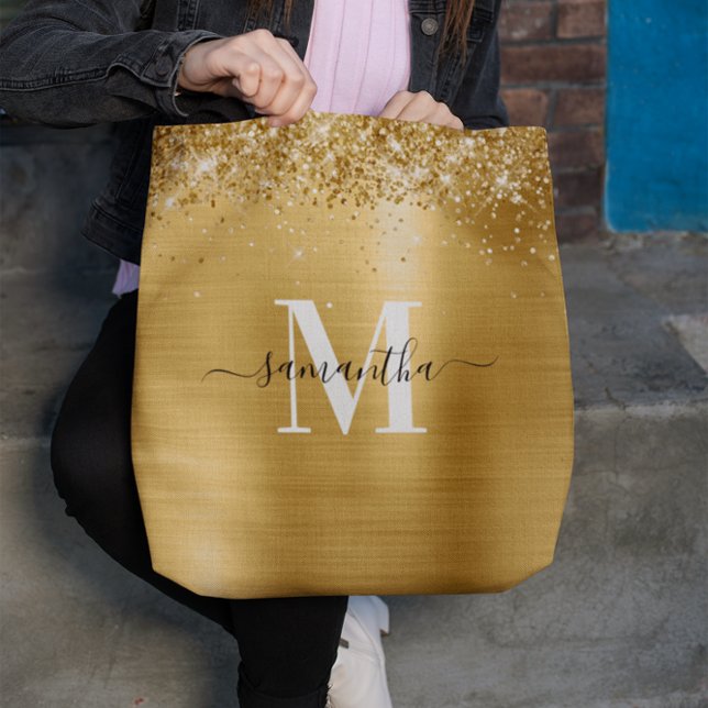 Tote Bag Signature Monogramme Glittery Gold Foil (Signature Monogrammed Glittery Gold Foil Tote Bag)