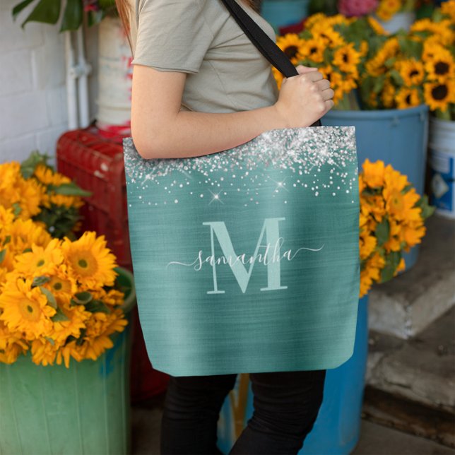 Tote Bag Signature Monogramme Parties scintillant en argent (Signature Monogram Silver Glitter Aqua Teal Foil Tote Bag)