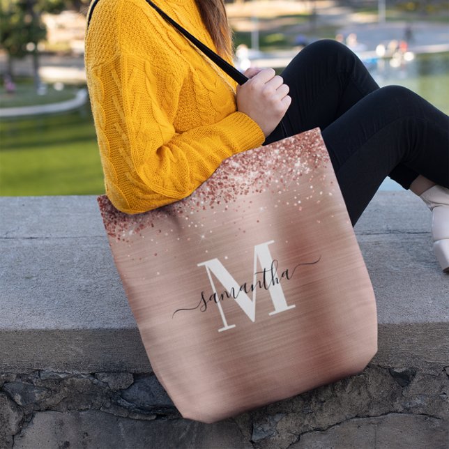Tote Bag Signature Monogramme Rose Gold Glitt Foil (Rose Gold Glittery Foil Monogram Tote Bag)