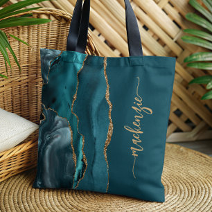 Tote Bag Signature personnalisée bleu sarcelle or Agate