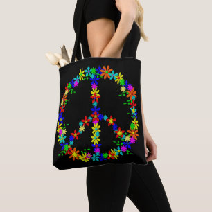 Tote Bag Signe de paix avec fleurs colorées