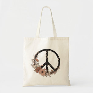 Tote Bag Signe de paix floral Boho – Art mural terreux et d