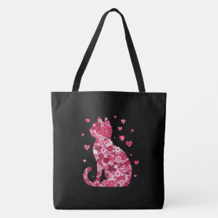 Tote Bag Silhouette Chat Floral ArtFaux Toile Enveloppée Im