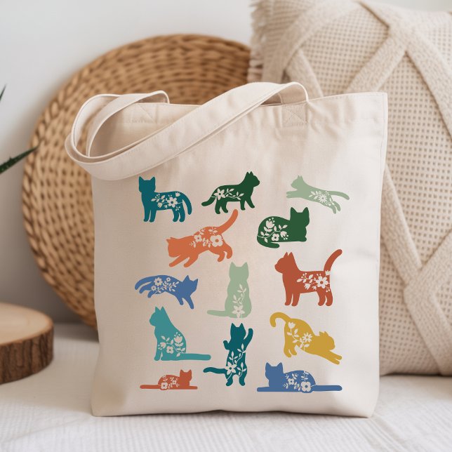 Tote Bag Silhouette de chat floral | Amateur de chat botani (Floral Cat Silhouette | Botanical Cat Lover Tote Bag)