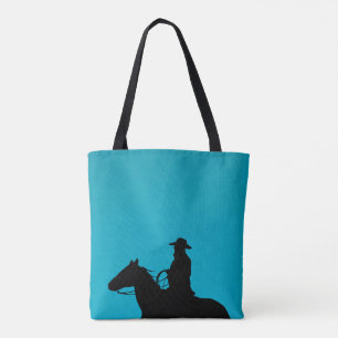 Tote Bag Silhouette de cow-boy et de cheval sur fond turquo