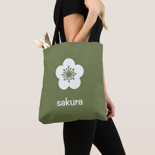 Tote Bag Silhouette de fleur de Sakura blanche - Olive (De près)