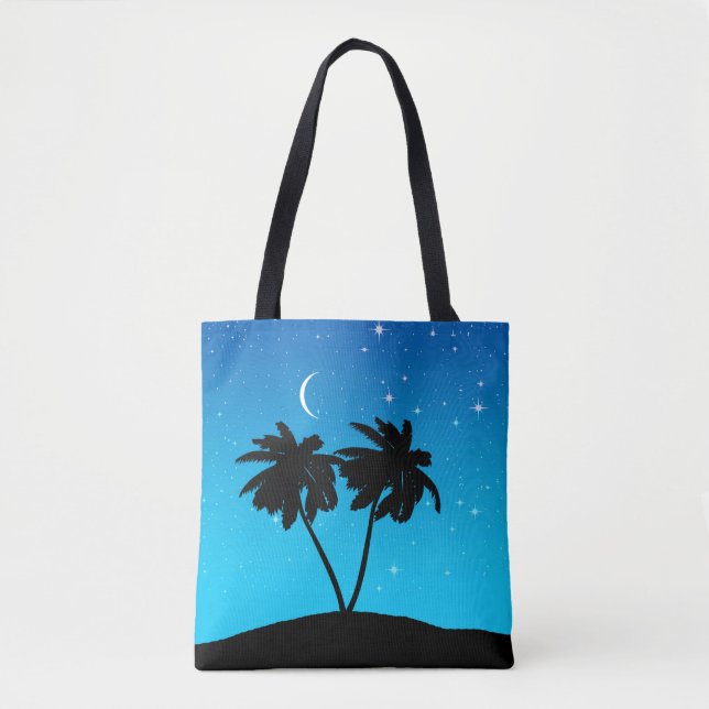 Tote Bag Silhouette de palmier, Bleu du soir avec étoiles (Devant)