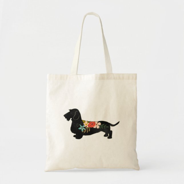 Tote Bag Silhouette florale à poils durs Dachshund (Devant)