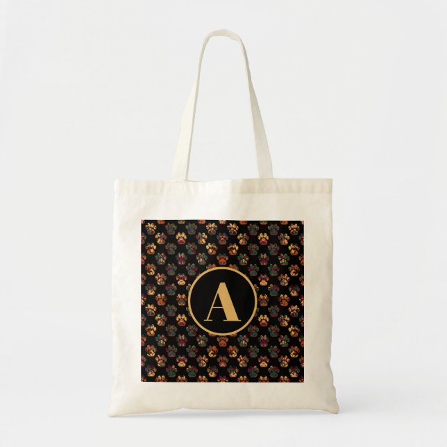 Tote Bag Silhouette Paw Animal Thanksgiving Monogramme noir (Devant)