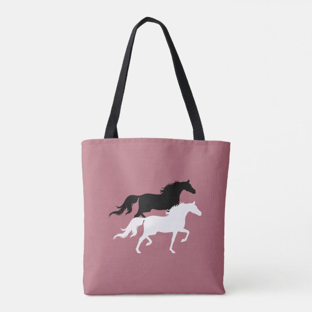 Tote Bag Silhouettes de cheval noir et blanc sur or rose (Dos)