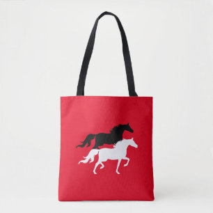 Tote Bag Silhouettes de chevaux noirs et blancs sur fond ro