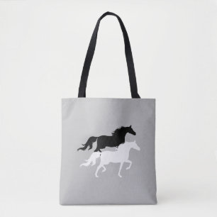Tote Bag Silhouettes de chevaux noirs et blancs sur gris ar