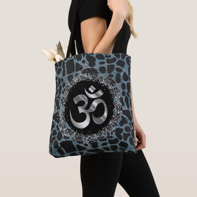 Tote Bag Silver brillant OM Turquoise Giraffe Imprimer Four (De près)