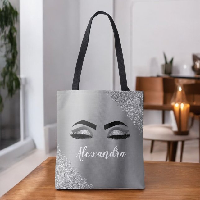 Tote Bag Silver Glitter Sparkle Eyelashes Monogram (Créateur téléchargé)