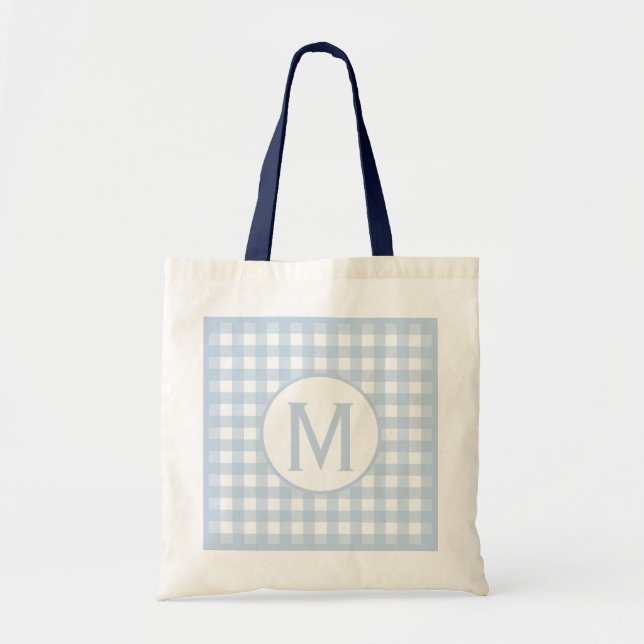 Tote Bag Simple Basic Jean Bleu Gingham Monogramme Évanoui  (Devant)