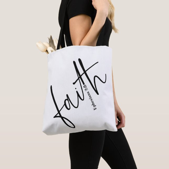 Tote Bag Simple Black Faith Bible Verse Calligraphie Texte (De près)
