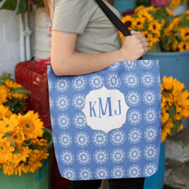 Tote Bag Simple Floral Navy bleu Monogramme Mandala Motif (Créateur téléchargé)