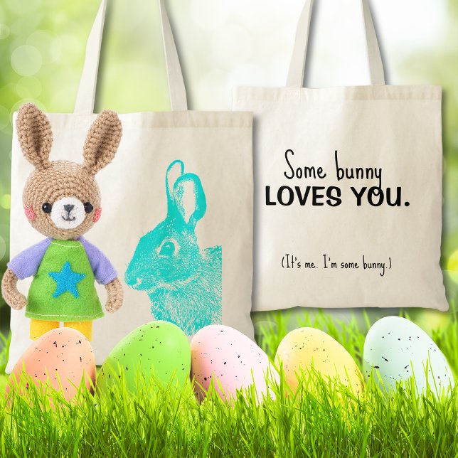 Tote Bag Simple lapin bleu-vert de Pâques (Cute blue bunny tote bag with loving custom note on the back is a unique alternative to a basket.)