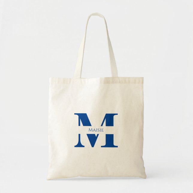 Tote Bag Simple Moderne Élégant Bleu Monogramme Personnalis (Devant)
