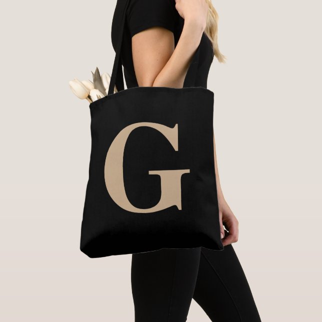 Tote Bag Simple moderne personnalisé initial noir et beige (De près)