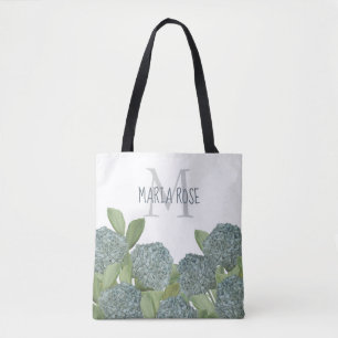 Tote Bag Simple Monogramme Floral Bleu Hydrangée Fleur