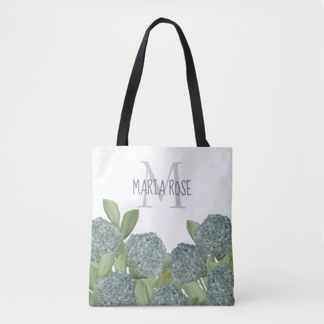 Tote Bag Simple Monogramme Floral Bleu Hydrangée Fleur (Devant)