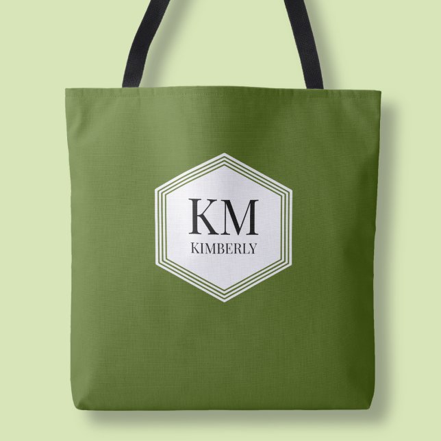 Tote Bag Simple Monogramme Vert  Nom Personnalisé Moderne (Simple Monogram Green Modern Personalized Name Tote Bag)