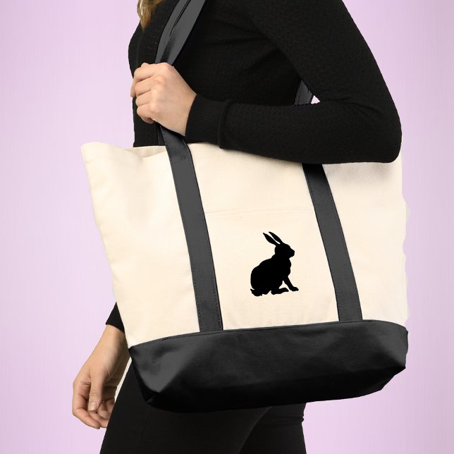 Tote Bag Simple noir Sillhouette assise Rabin hautes oreill (Minimalist black sitting rabbit in silhouette form on tote bag.)