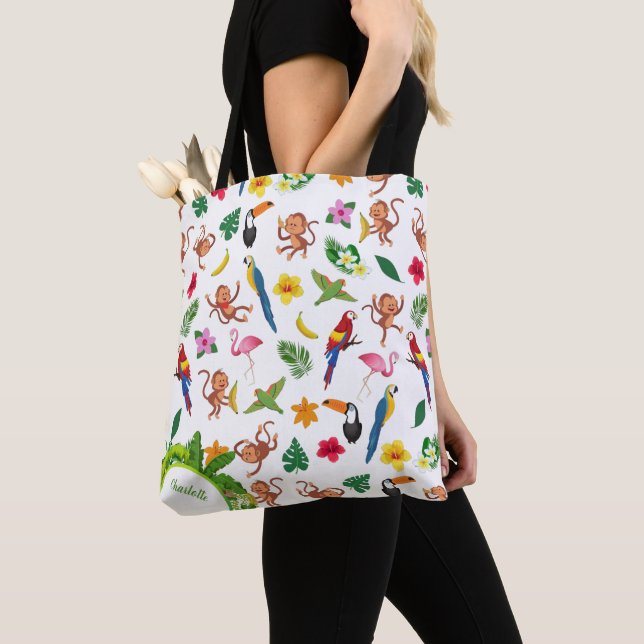 Tote Bag Singes mignons et bananes en Motif de la jungle (De près)