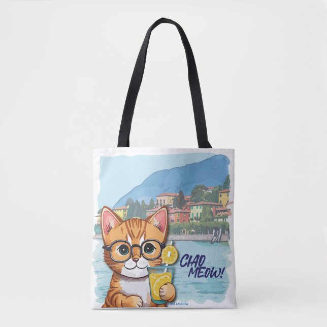 Tote Bag "Sip, Purr & Wander" Belle table orange en vacance (Devant)